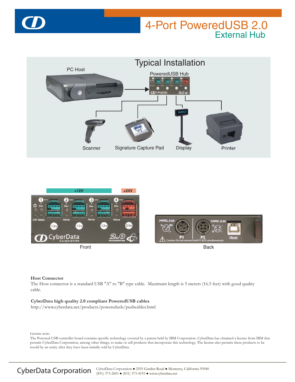 Port poweredusb 2.0, External hub, Typical installation | Cyberdata corporation | CyberData External Hub User Manual | Page 2 / 2