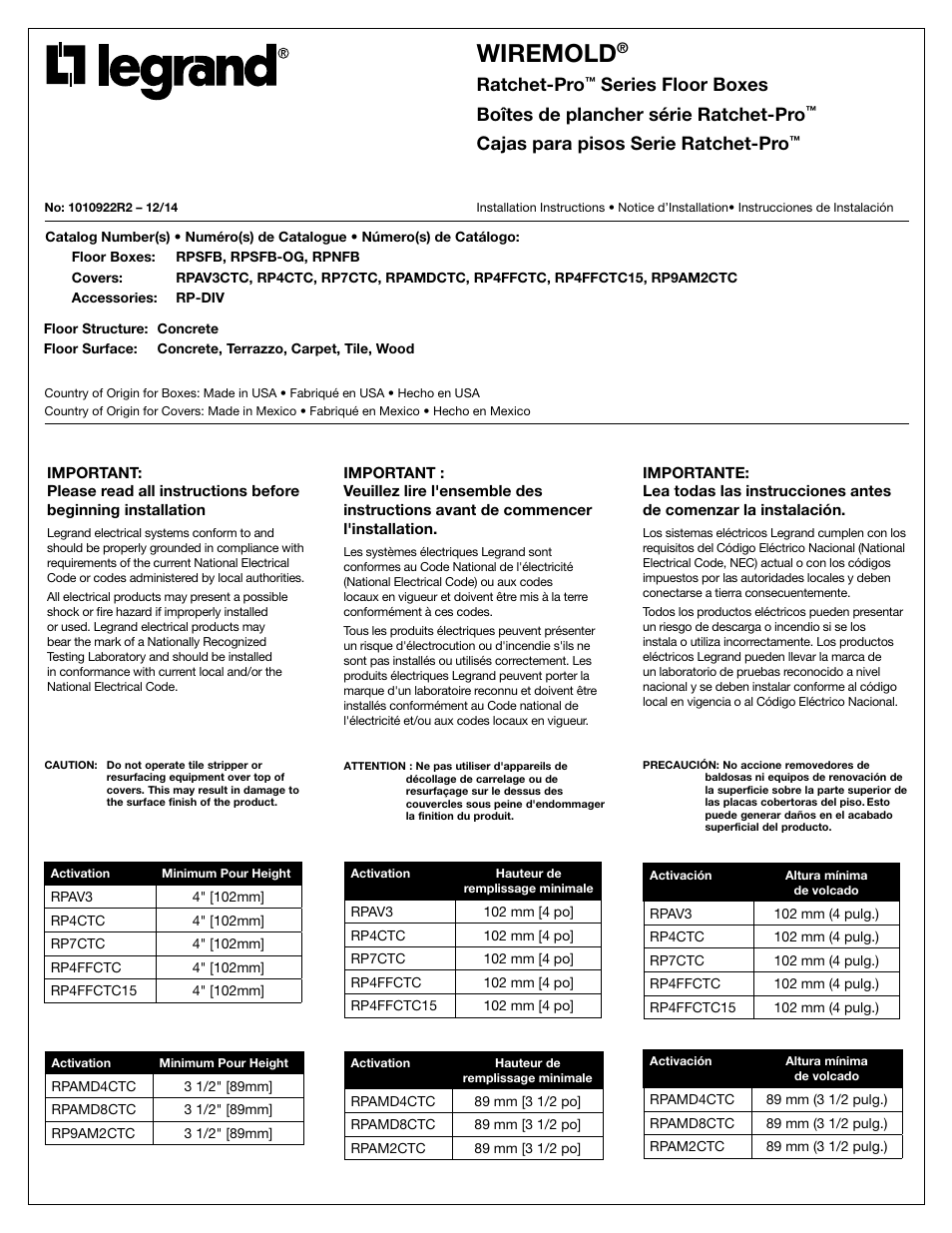 Legrand Ratchet-Pro Series Floor Boxes User Manual | 20 pages