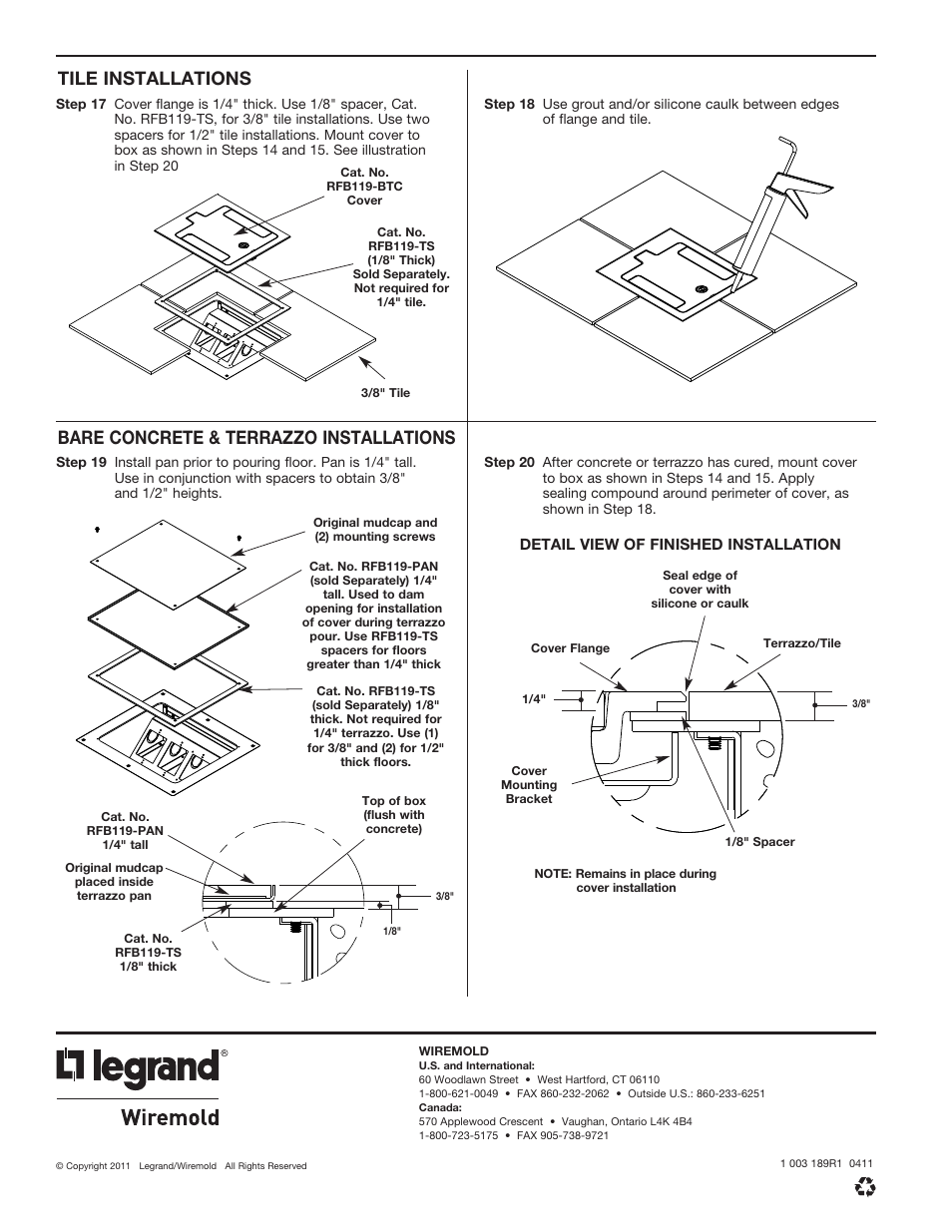 Tile installations, Bare concrete & terrazzo installations | Legrand RFB9 User Manual | Page 8 / 8