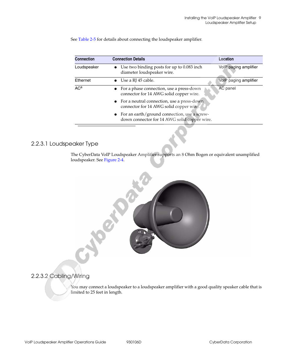 1 loudspeaker type, 2 cabling/wiring | CyberData Part #010861 930106D User Manual | Page 15 / 44