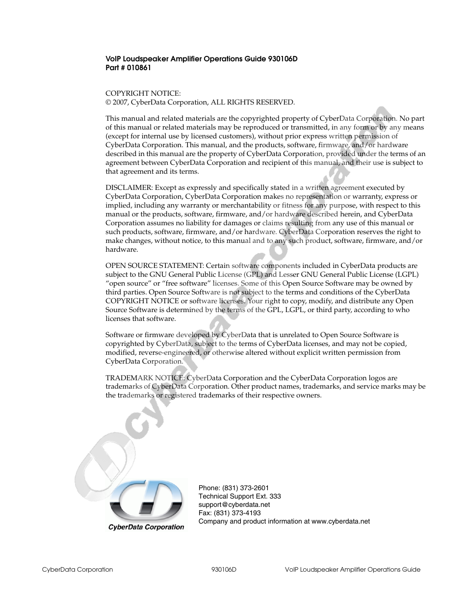 CyberData Part #010861 930106D User Manual | Page 2 / 44