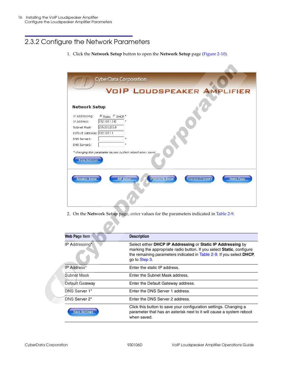 2 configure the network parameters | CyberData Part #010861 930106D User Manual | Page 22 / 44