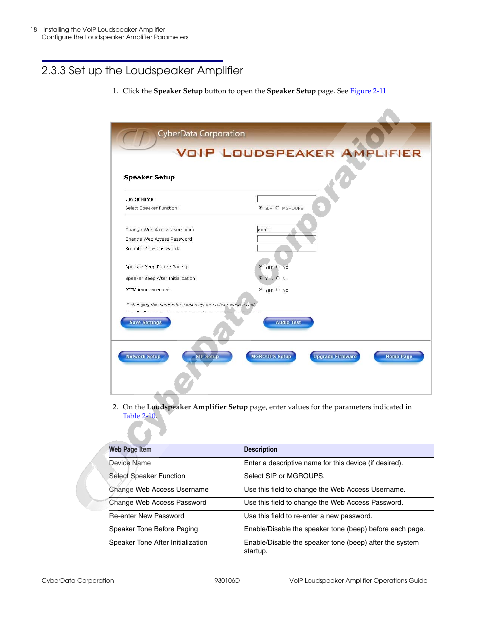 3 set up the loudspeaker amplifier | CyberData Part #010861 930106D User Manual | Page 24 / 44