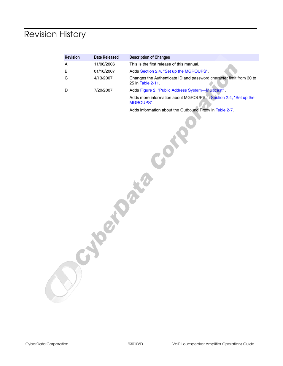 Revision history | CyberData Part #010861 930106D User Manual | Page 3 / 44