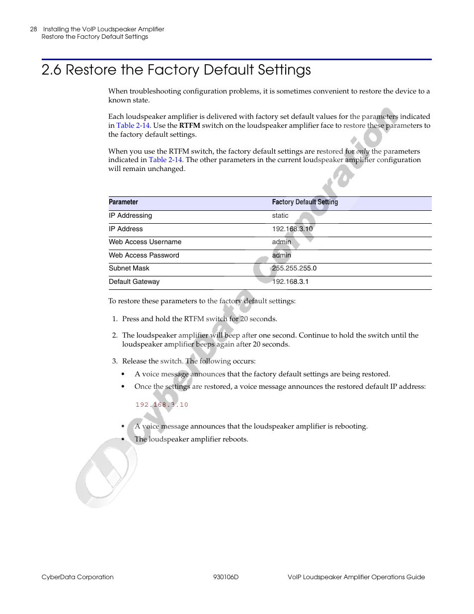 6 restore the factory default settings | CyberData Part #010861 930106D User Manual | Page 34 / 44