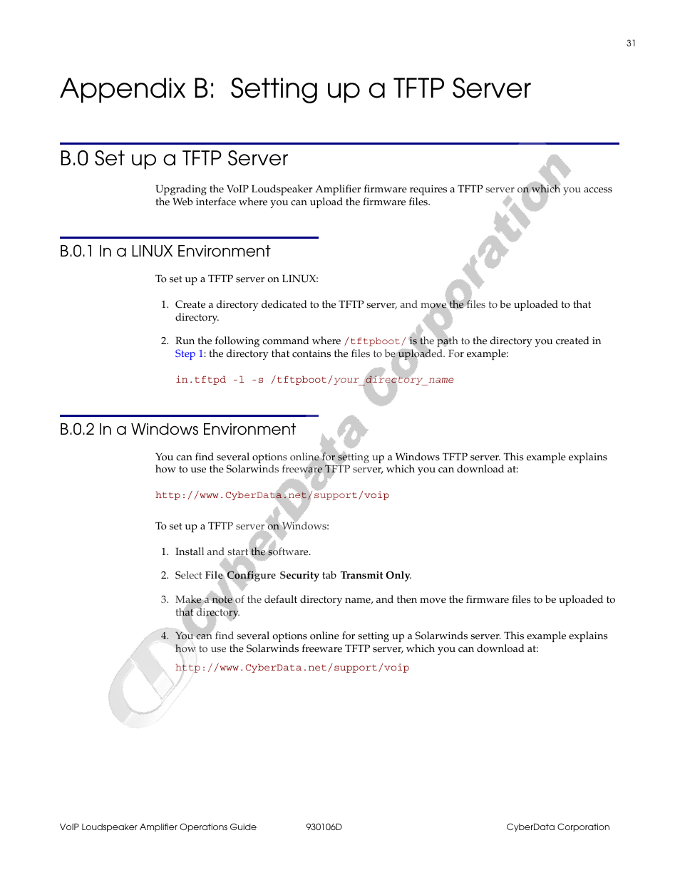 Appendix b: setting up a tftp server, B.0 set up a tftp server, B.0.1 in a linux environment | B.0.2 in a windows environment, Appendix b setting up a tftp server, Chapter b, “setting up a, Tftp server | CyberData Part #010861 930106D User Manual | Page 37 / 44