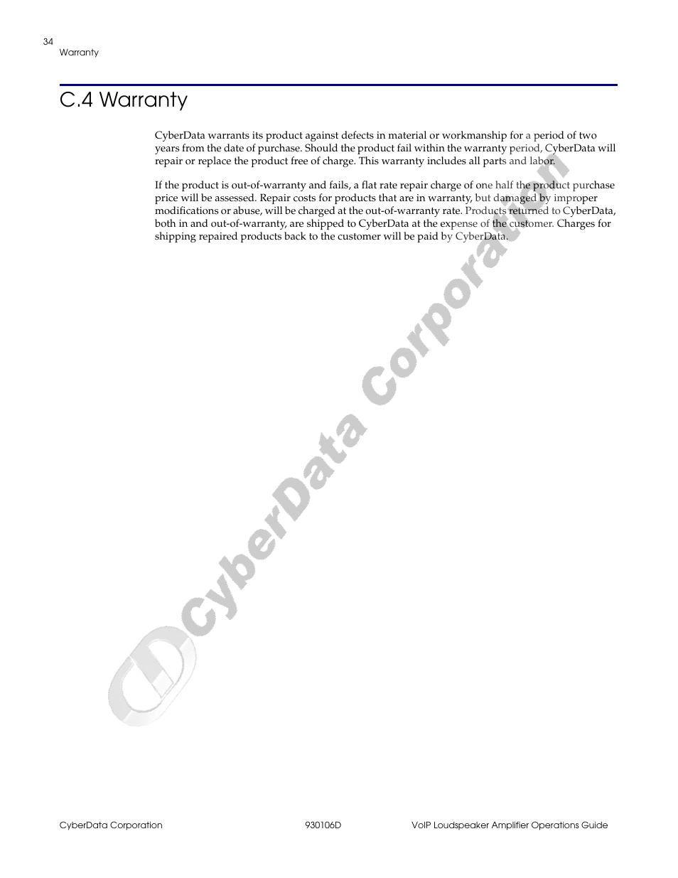 C.4 warranty | CyberData Part #010861 930106D User Manual | Page 40 / 44