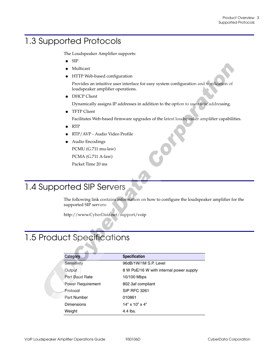 3 supported protocols, 4 supported sip servers, 5 product specifications | CyberData Part #010861 930106D User Manual | Page 9 / 44