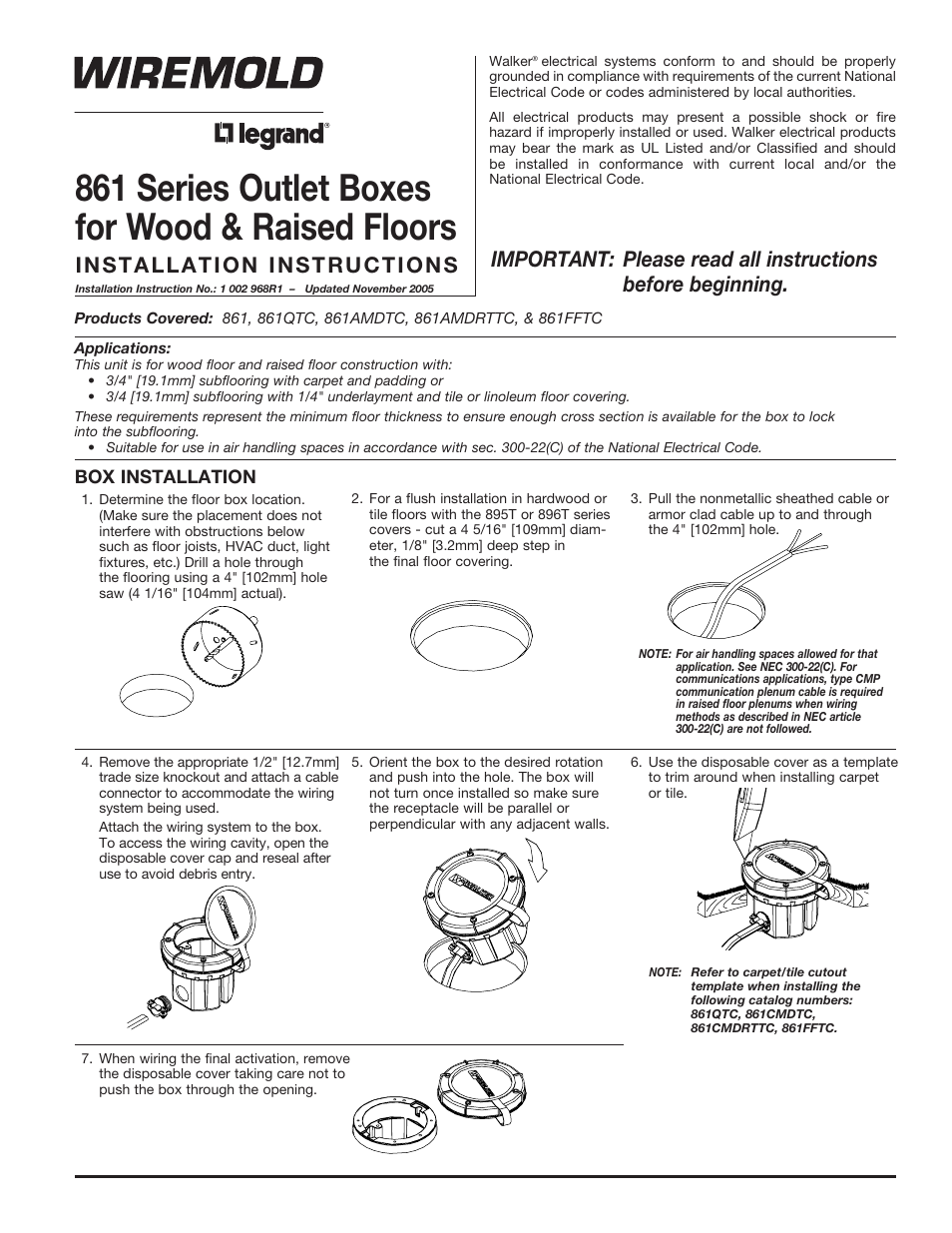 Legrand 861 Series Outlet Boxes for Wood User Manual | 4 pages