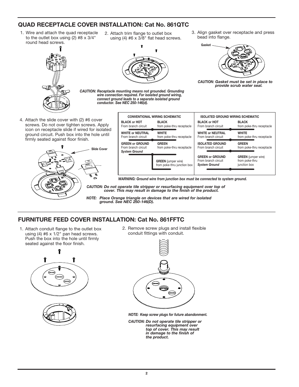 Quad receptacle cover installation: cat no. 861qtc, Furniture feed cover installation: cat no. 861fftc | Legrand 861 Series Outlet Boxes for Wood User Manual | Page 2 / 4