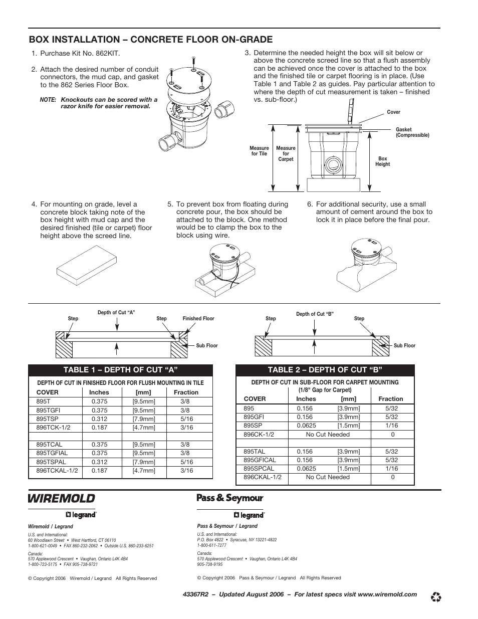 Box installation – concrete floor on-grade | Legrand 862 User Manual | Page 2 / 2