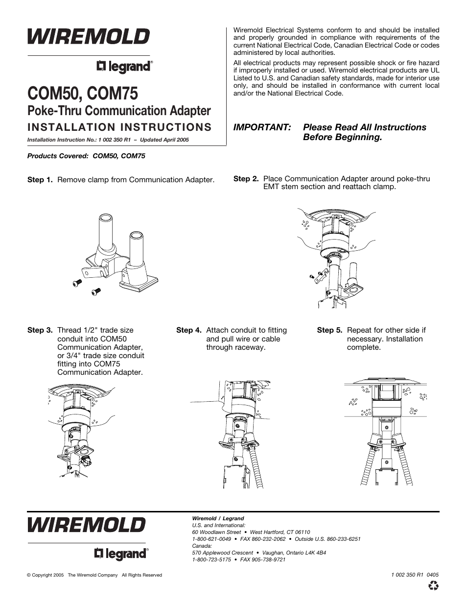 Legrand AMD8 Communications Poke-Thru Device Adapter User Manual | 1 page