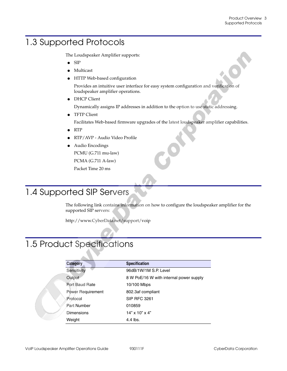 3 supported protocols, 4 supported sip servers, 5 product specifications | CyberData VoIP Loudspeaker Amplifier Part #010859 User Manual | Page 11 / 48