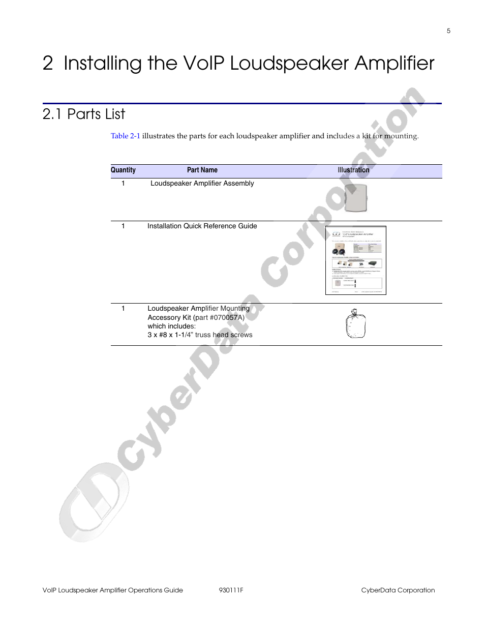 2 installing the voip loudspeaker amplifier, 1 parts list | CyberData VoIP Loudspeaker Amplifier Part #010859 User Manual | Page 13 / 48