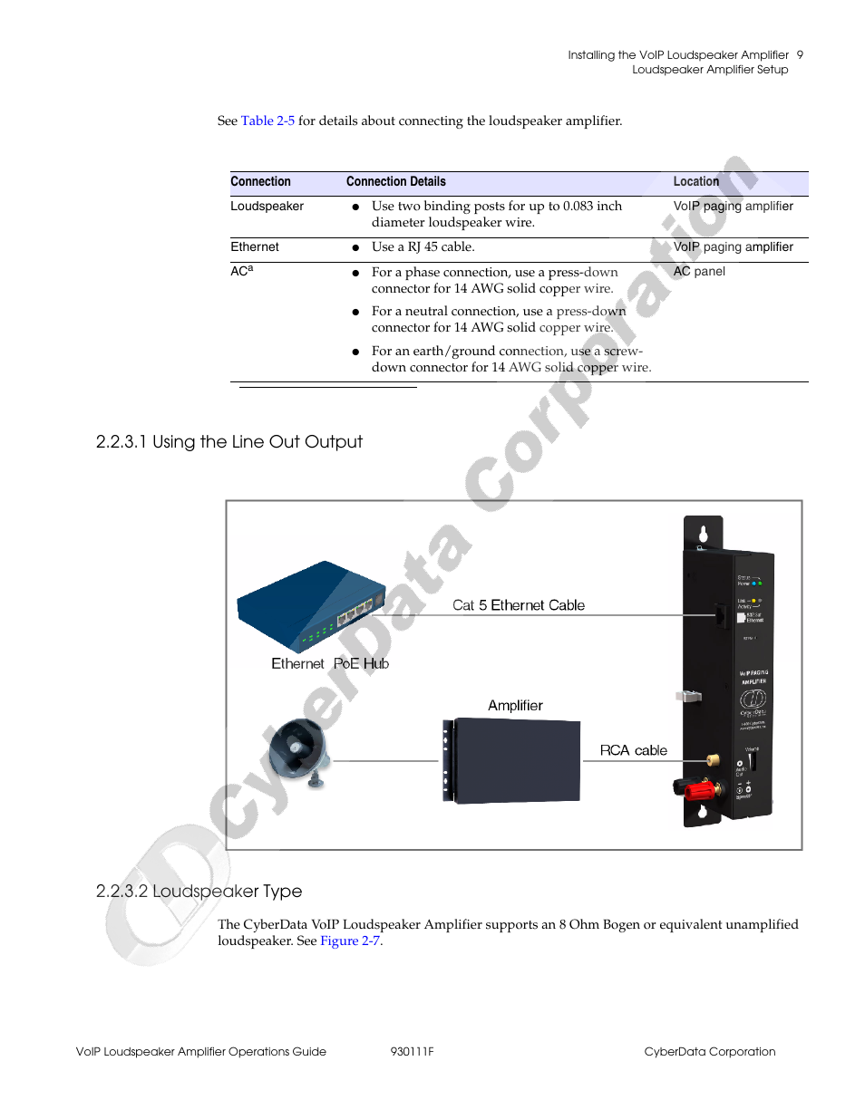 1 using the line out output, 2 loudspeaker type | CyberData VoIP Loudspeaker Amplifier Part #010859 User Manual | Page 17 / 48
