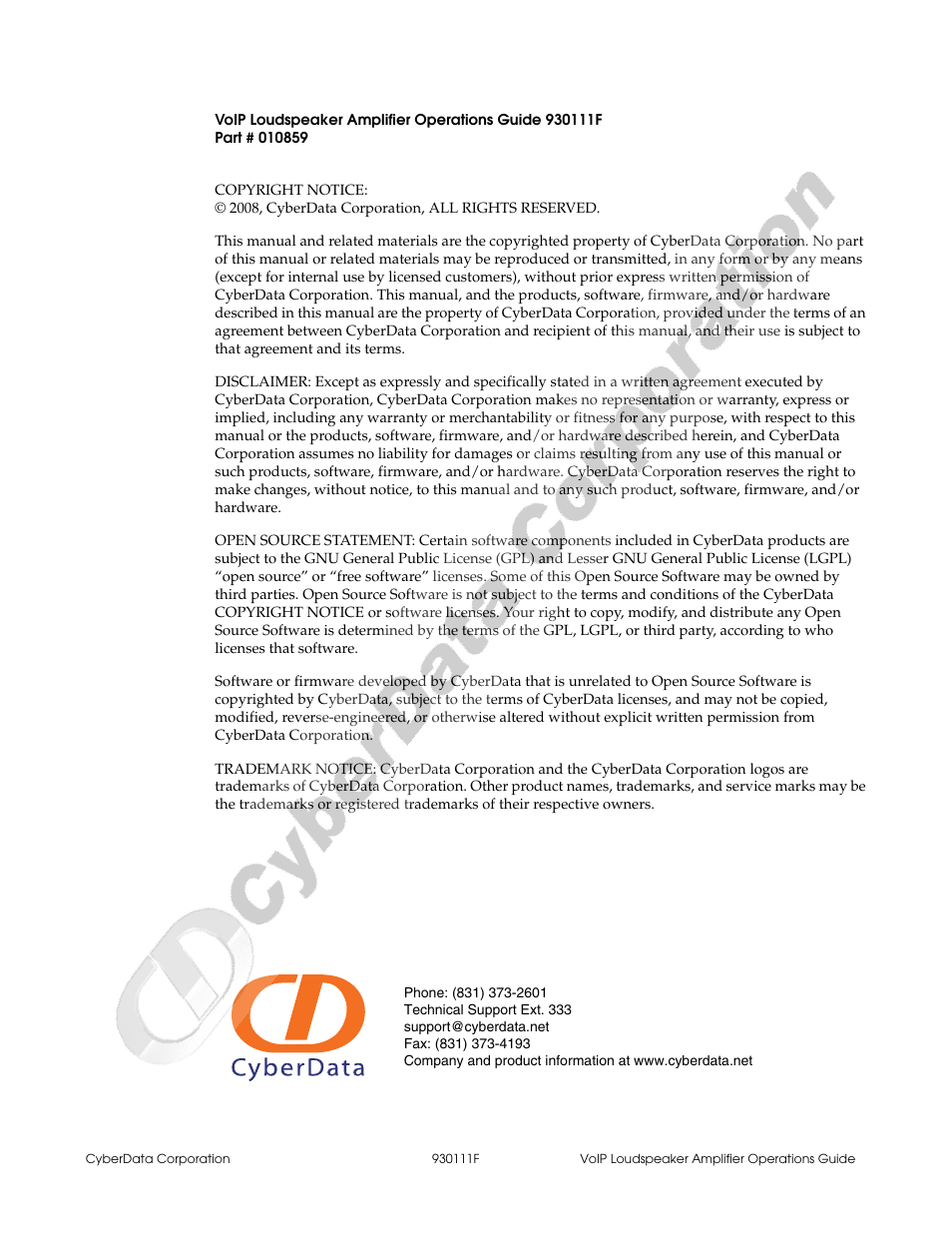 CyberData VoIP Loudspeaker Amplifier Part #010859 User Manual | Page 2 / 48