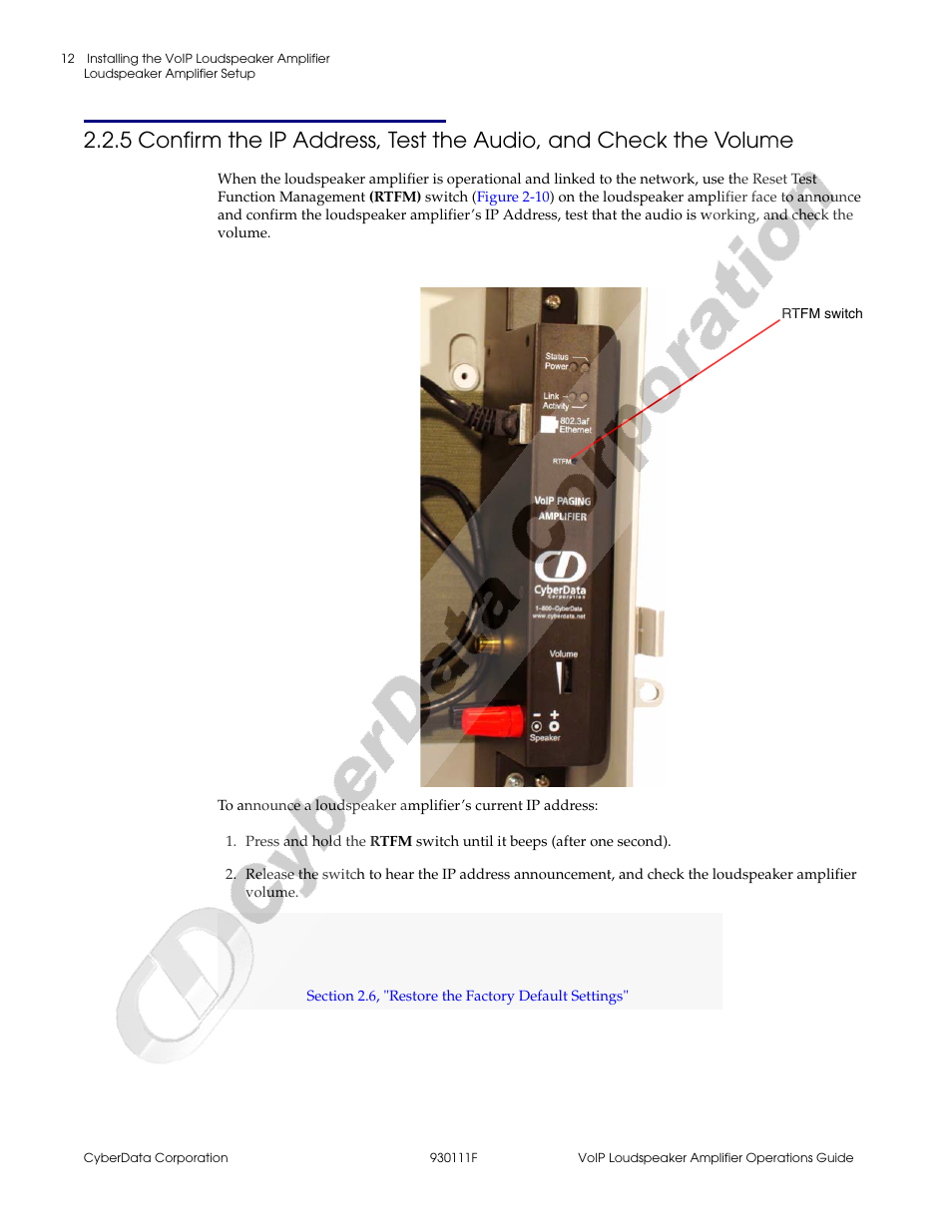 Caution | CyberData VoIP Loudspeaker Amplifier Part #010859 User Manual | Page 20 / 48