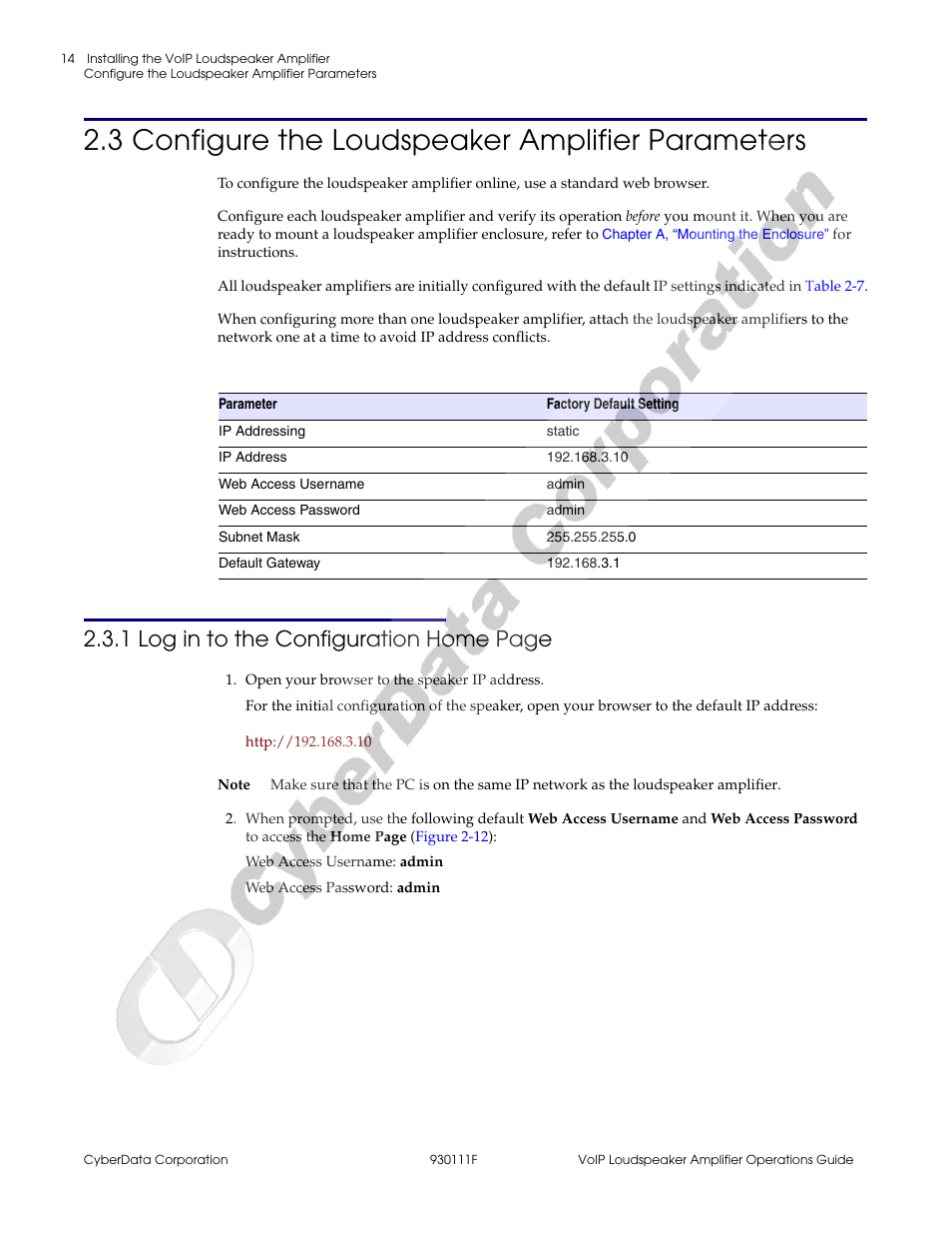 3 configure the loudspeaker amplifier parameters, 1 log in to the configuration home page | CyberData VoIP Loudspeaker Amplifier Part #010859 User Manual | Page 22 / 48