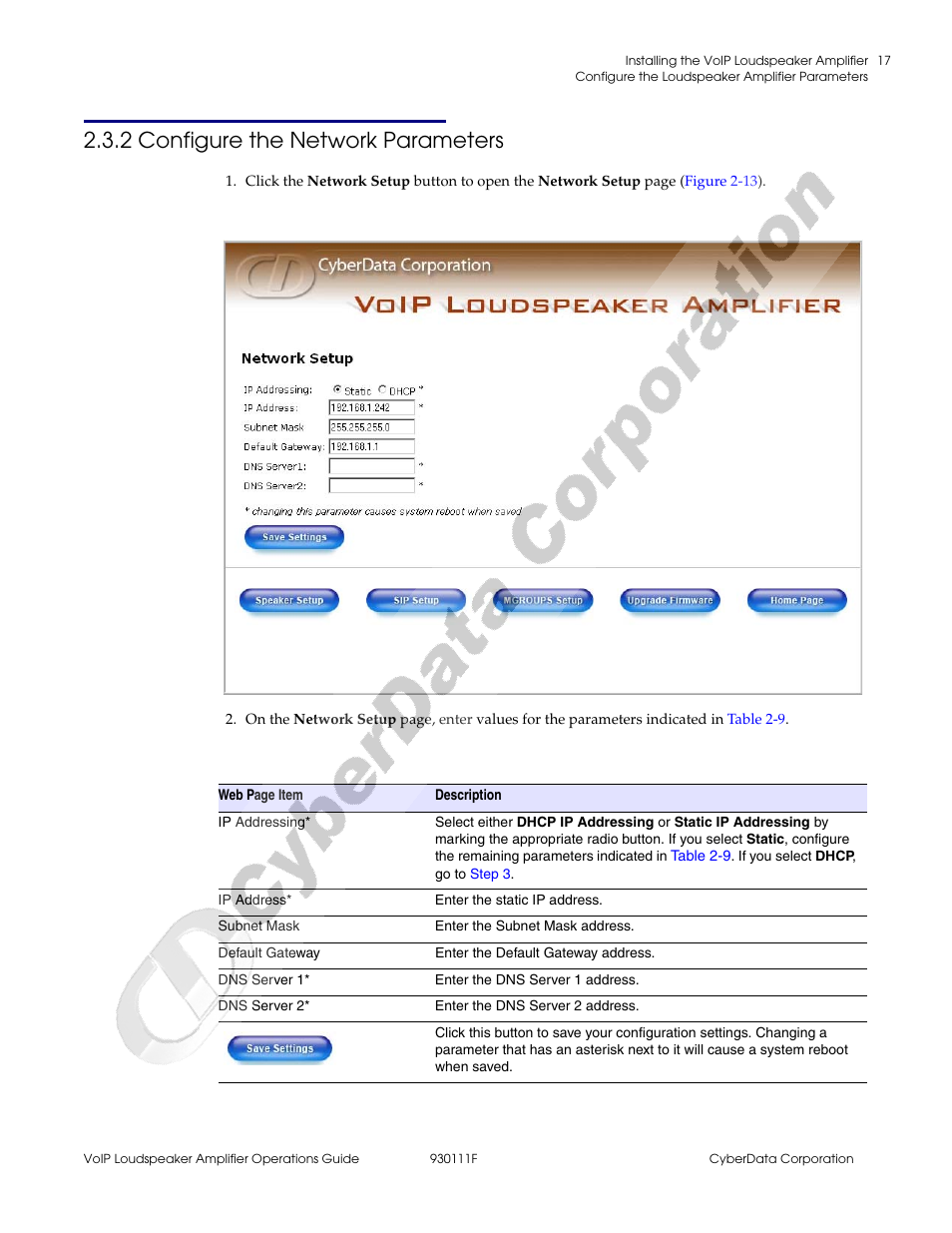2 configure the network parameters | CyberData VoIP Loudspeaker Amplifier Part #010859 User Manual | Page 25 / 48
