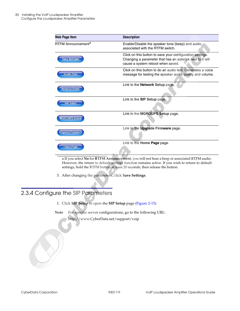 4 configure the sip parameters | CyberData VoIP Loudspeaker Amplifier Part #010859 User Manual | Page 28 / 48