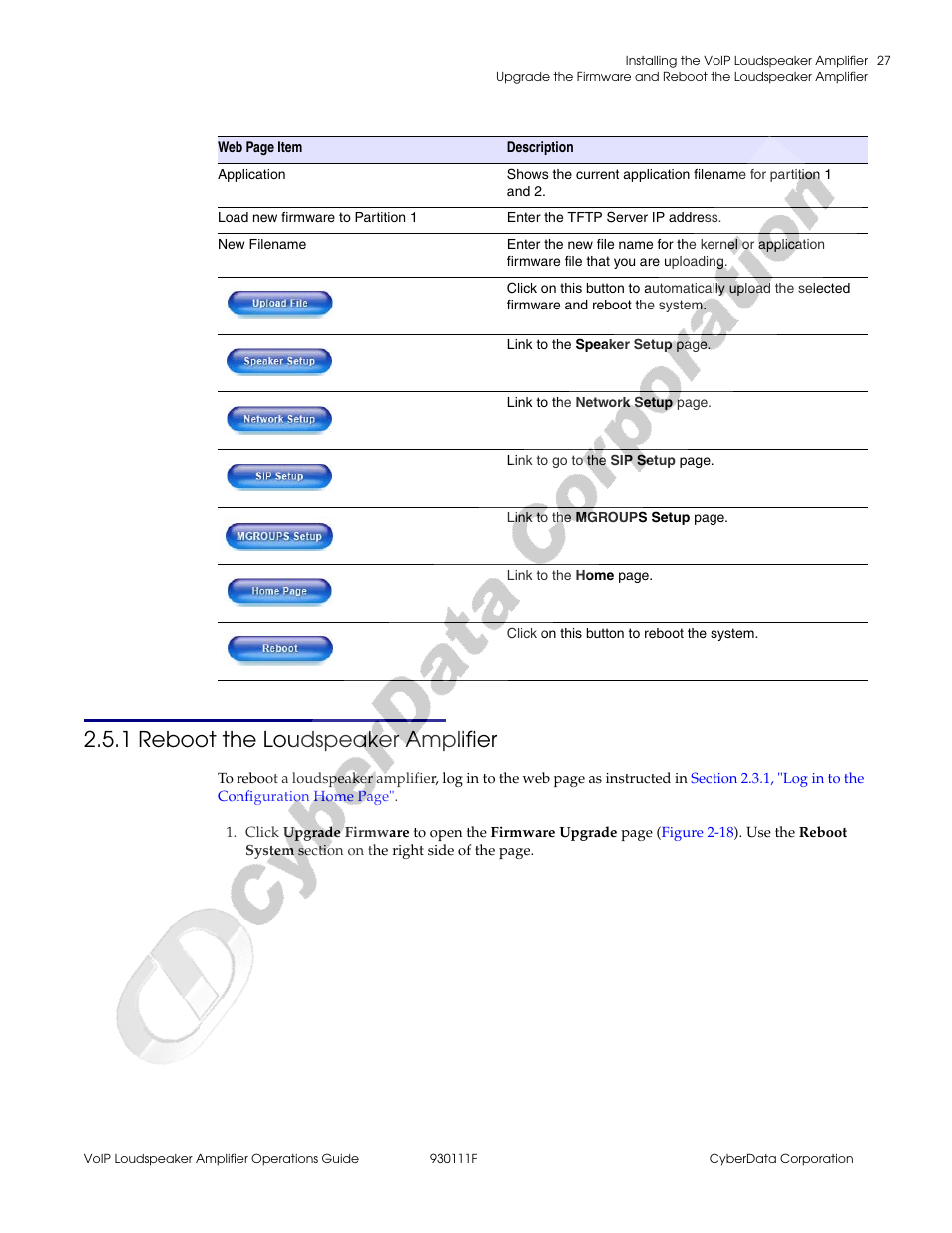 1 reboot the loudspeaker amplifier | CyberData VoIP Loudspeaker Amplifier Part #010859 User Manual | Page 35 / 48