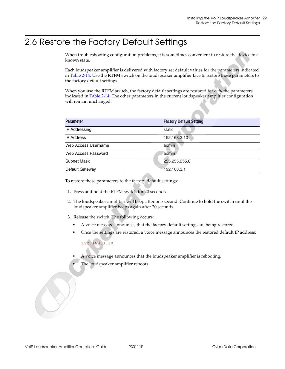 6 restore the factory default settings, Section 2.6, "restore the factory default settings | CyberData VoIP Loudspeaker Amplifier Part #010859 User Manual | Page 37 / 48
