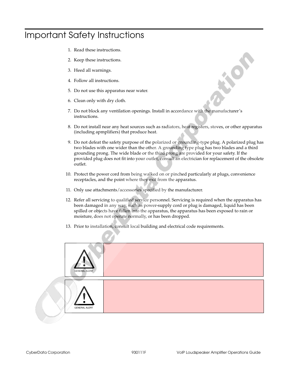 Important safety instructions, Warning | CyberData VoIP Loudspeaker Amplifier Part #010859 User Manual | Page 4 / 48