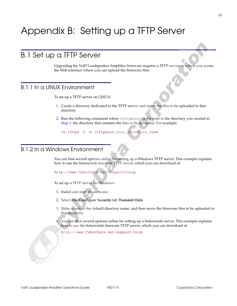 Appendix b: setting up a tftp server, B.1 set up a tftp server, B.1.1 in a linux environment | B.1.2 in a windows environment, Appendix b setting up a tftp server, Chapter b, “setting up a, Tftp server | CyberData VoIP Loudspeaker Amplifier Part #010859 User Manual | Page 41 / 48