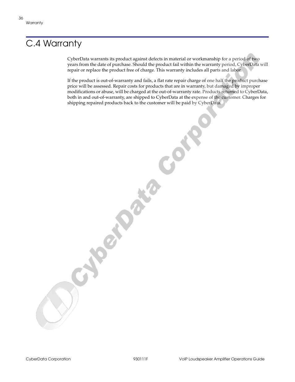 C.4 warranty | CyberData VoIP Loudspeaker Amplifier Part #010859 User Manual | Page 44 / 48