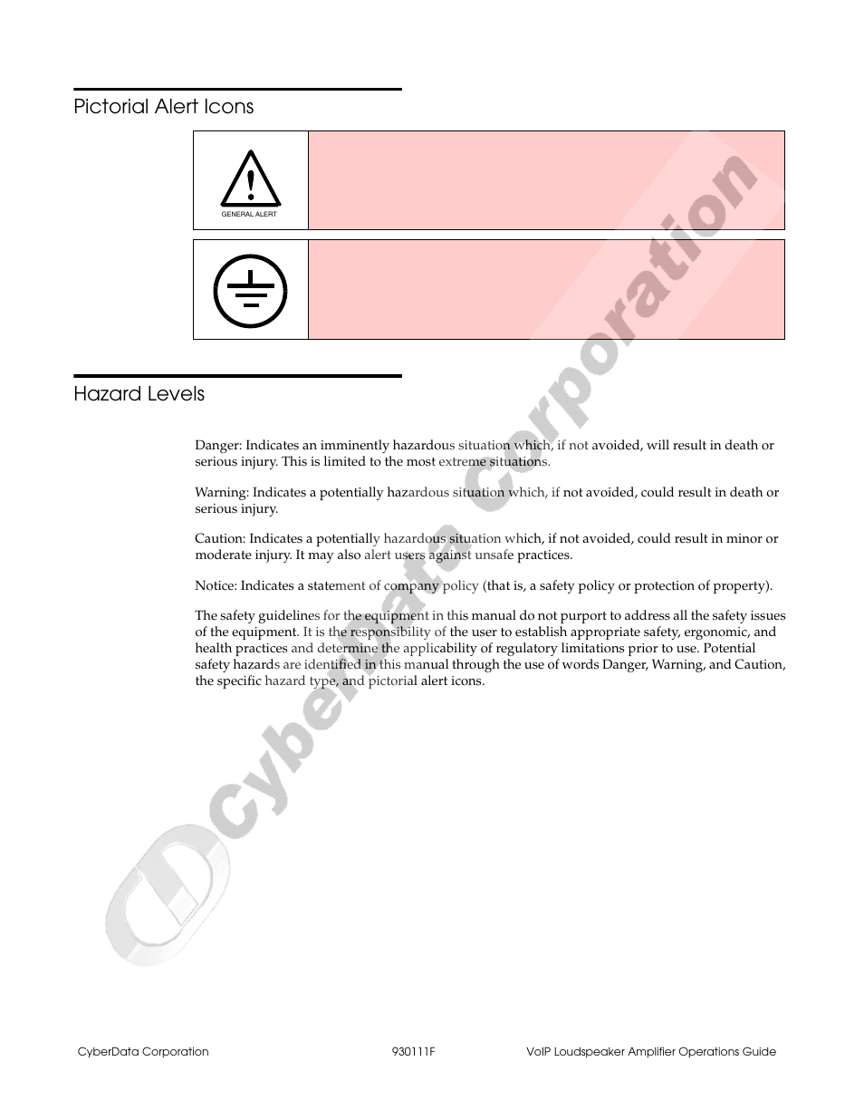 Pictorial alert icons hazard levels | CyberData VoIP Loudspeaker Amplifier Part #010859 User Manual | Page 5 / 48