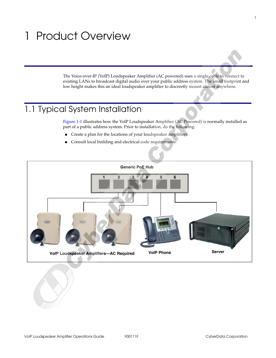 1 product overview, 1 typical system installation, Chapter 1 product overview | CyberData VoIP Loudspeaker Amplifier Part #010859 User Manual | Page 9 / 48
