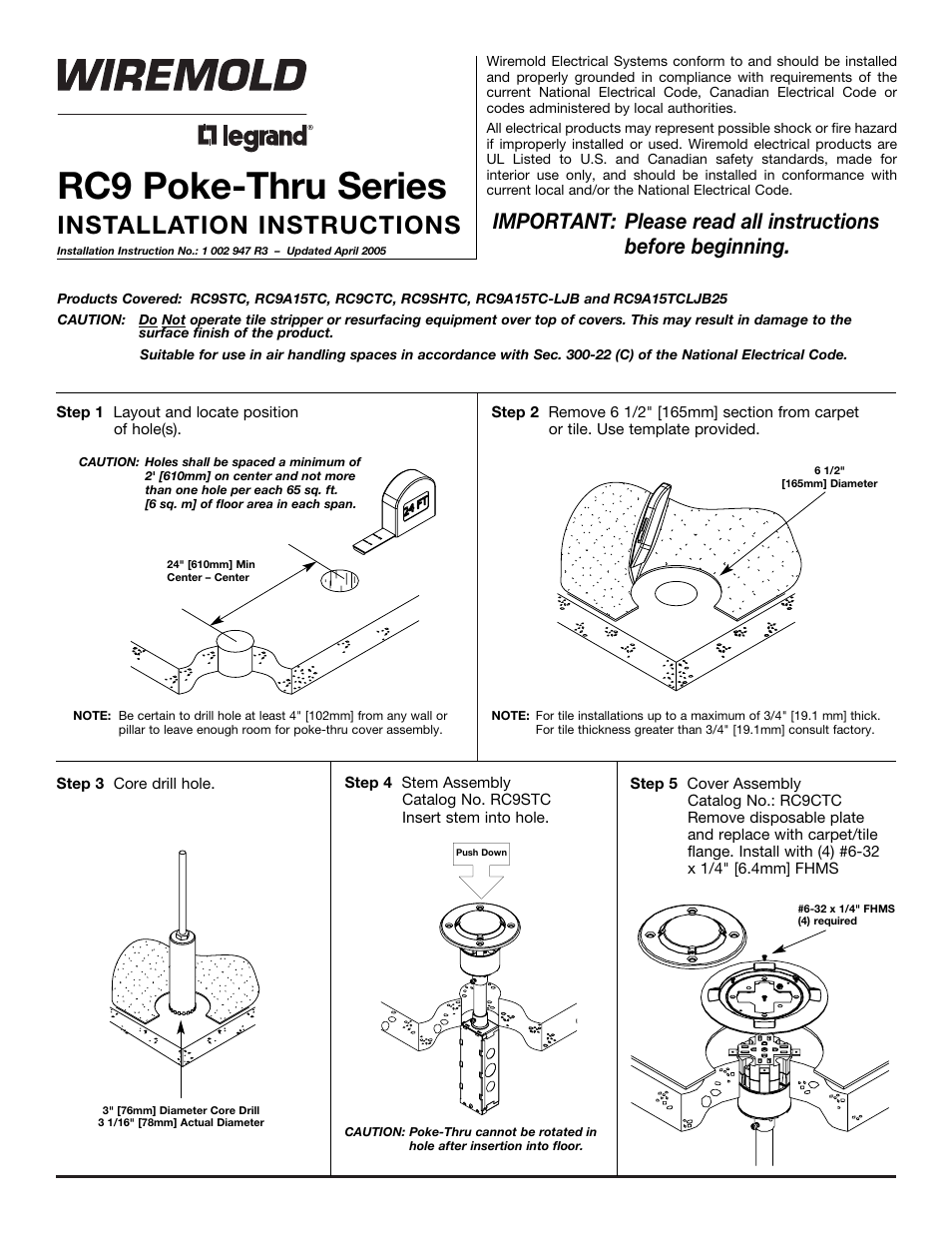 Legrand RC9 Poke-Thru Series User Manual | 6 pages