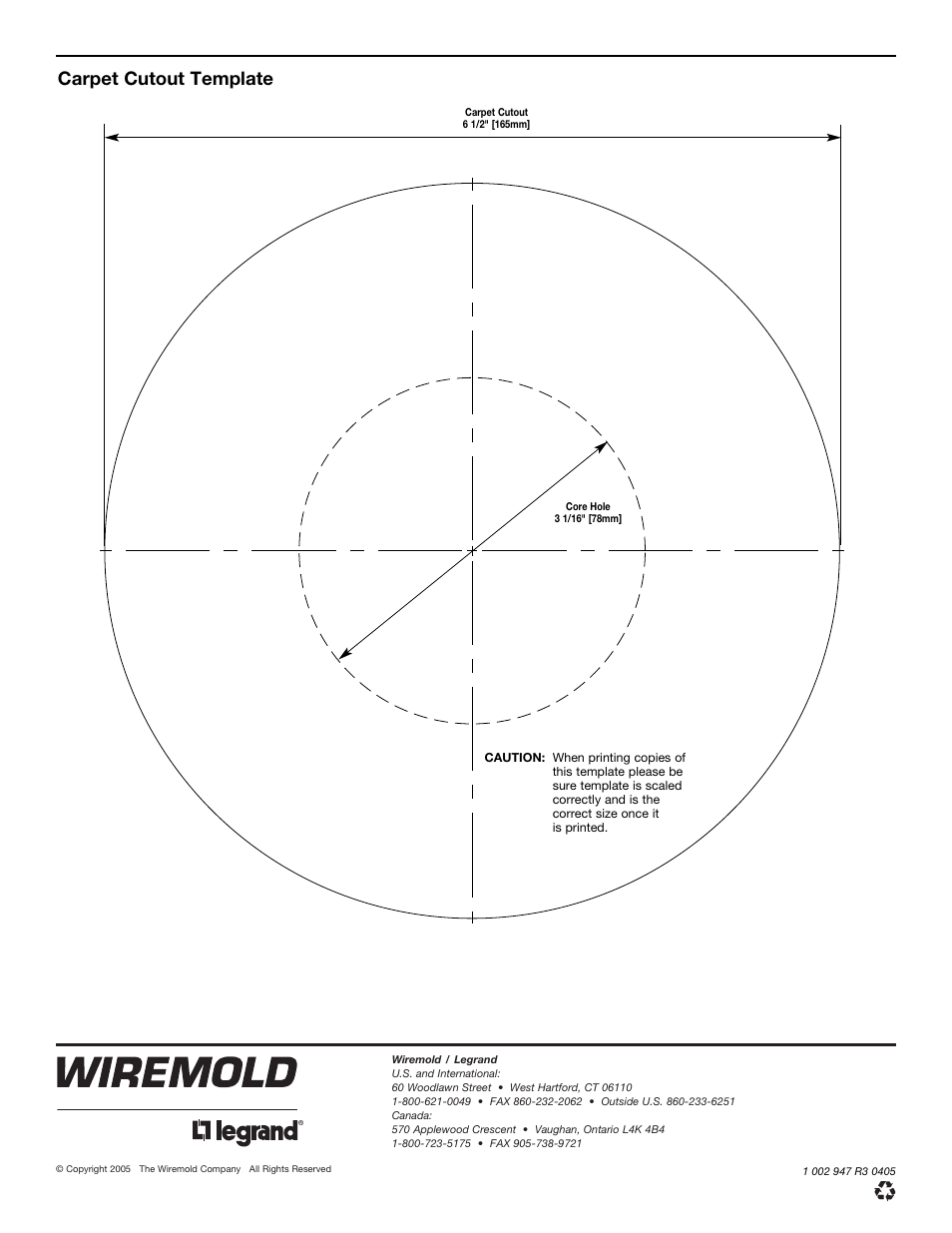 Carpet cutout template | Legrand RC9 Poke-Thru Series User Manual | Page 6 / 6