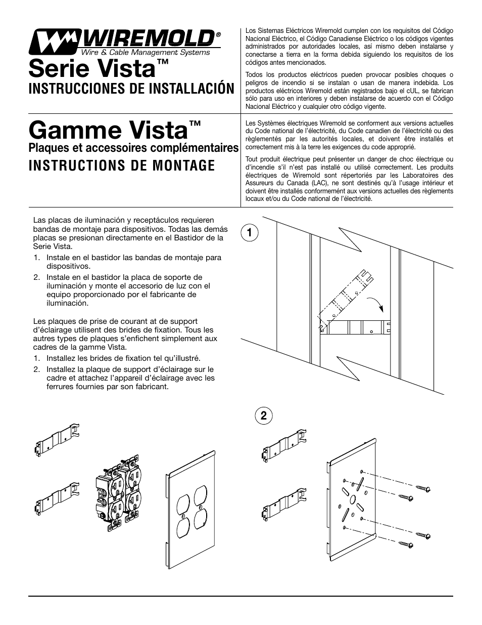 Serie vista, Gamme vista, Instrucciones de installación | Instructions de montage | Legrand Vista Series Add-On Plates User Manual | Page 3 / 4