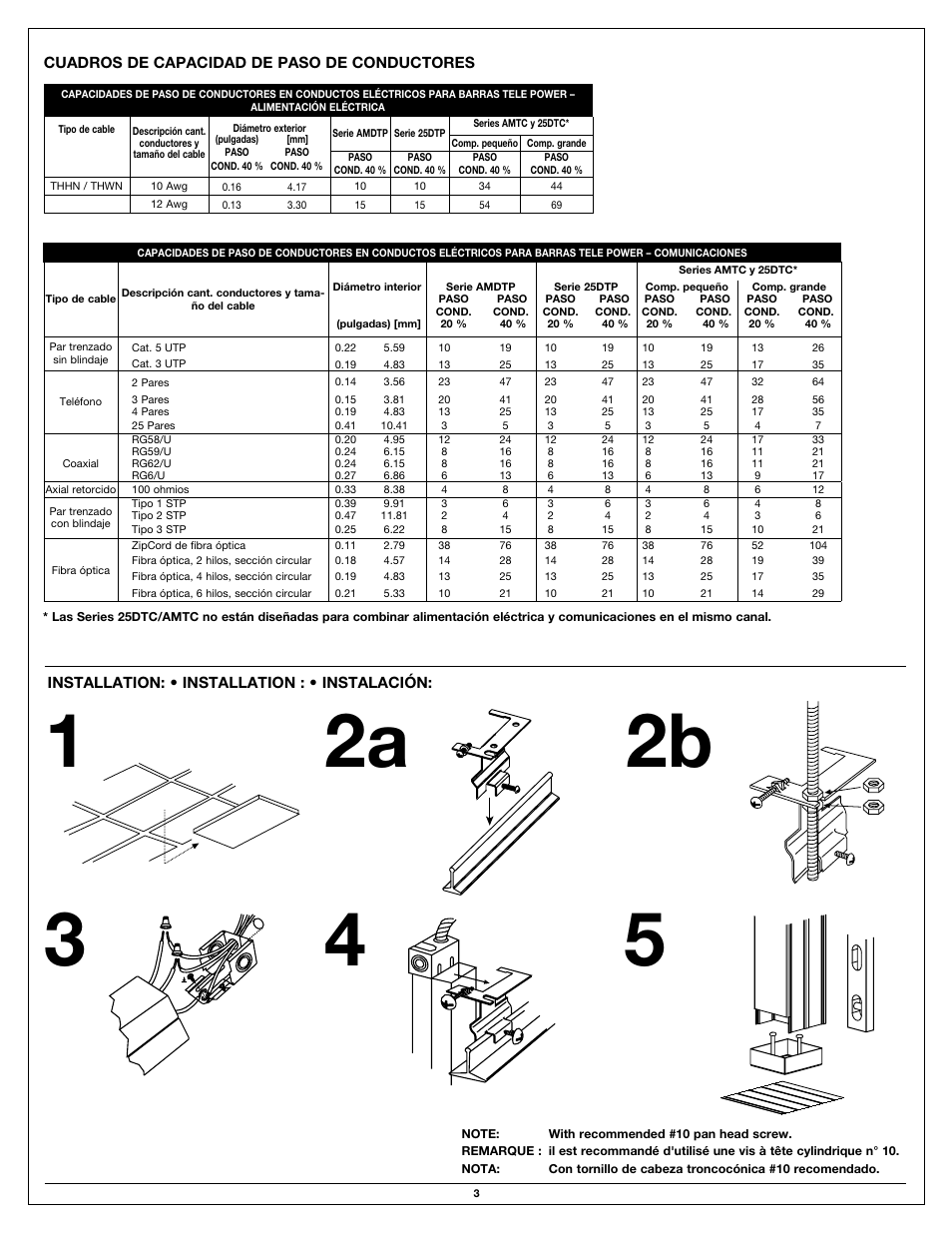 Installation: • installation : • instalación, Cuadros de capacidad de paso de conductores | Legrand 30TC-4V User Manual | Page 3 / 4