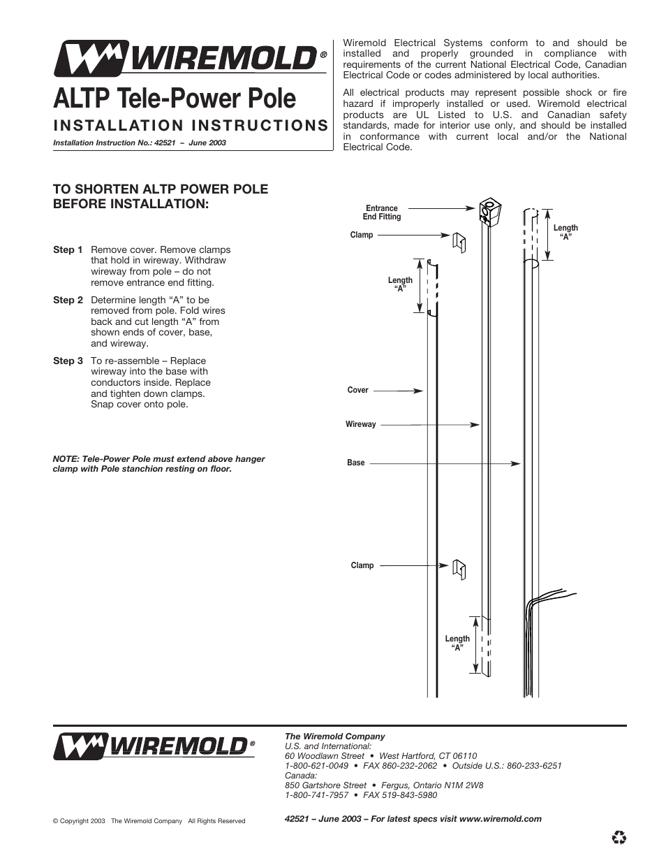 Legrand ALTP Tele-Power Pole User Manual | 1 page