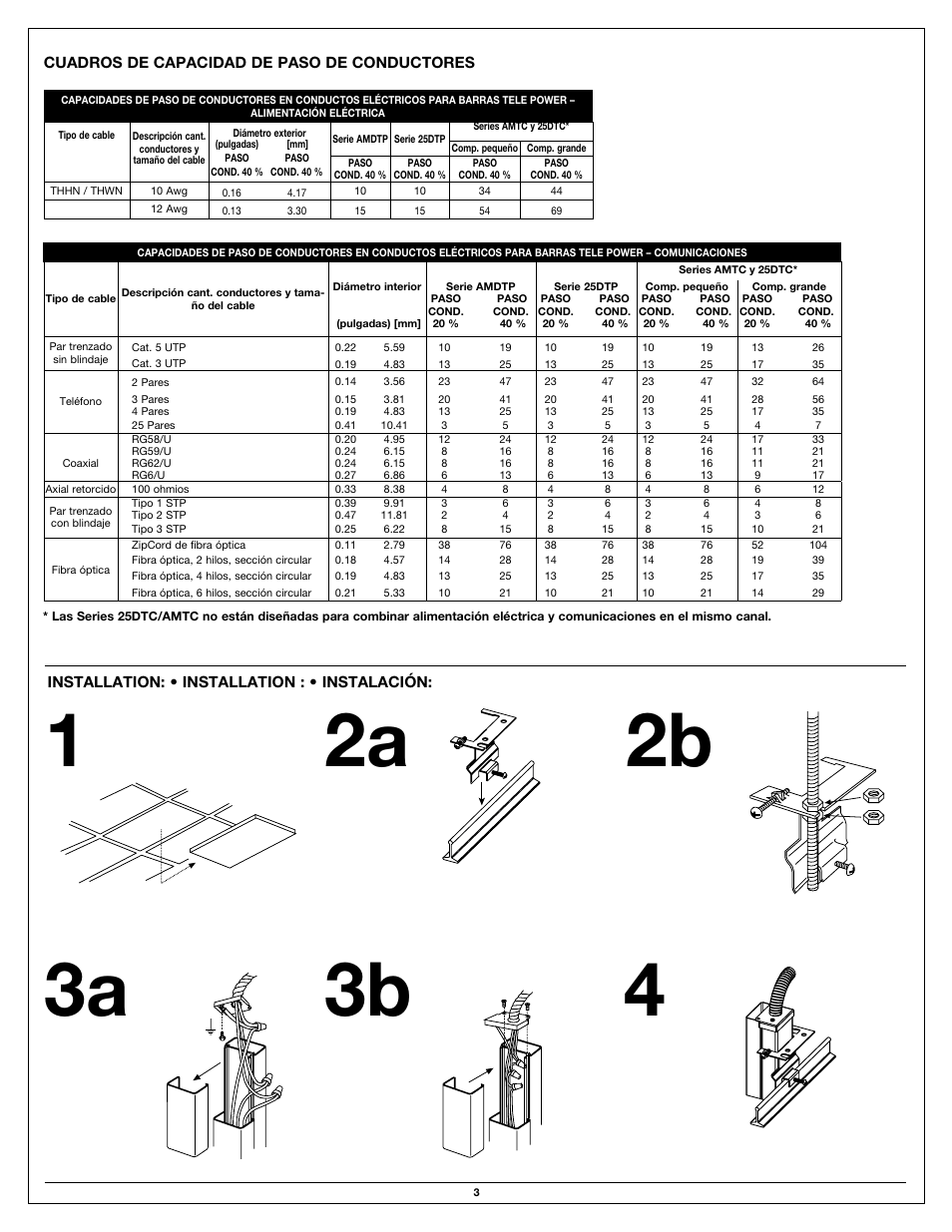 Installation: • installation : • instalación, Cuadros de capacidad de paso de conductores | Legrand 25DTC User Manual | Page 3 / 4