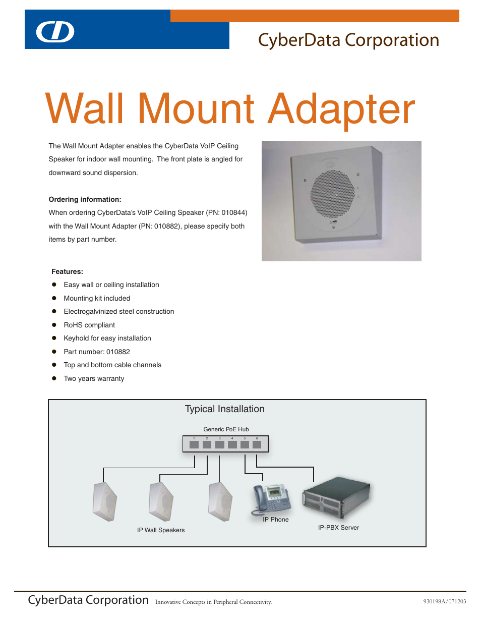 CyberData Wall Mount Adapter User Manual | 2 pages