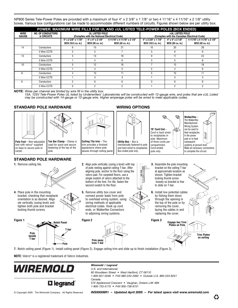 Standard pole hardware, Wiring options | Legrand NP800 Series User Manual | Page 2 / 2