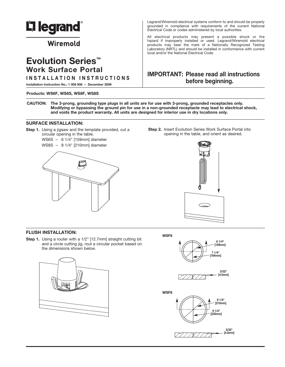 Legrand Evolution Series Work Surface Portal User Manual | 4 pages