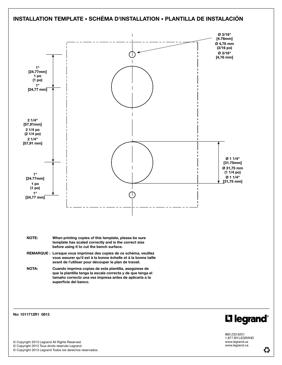 Installation template, Schéma d'installation, Plantilla de instalación | Legrand LBPBHA User Manual | Page 8 / 8