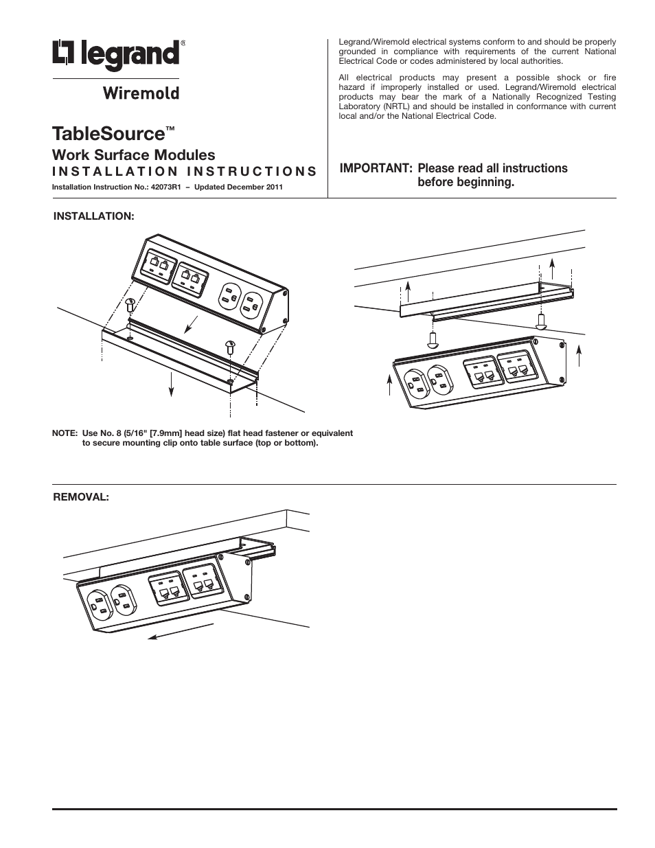 Legrand TS TableSource Work Surface Modules Installation User Manual | 2 pages