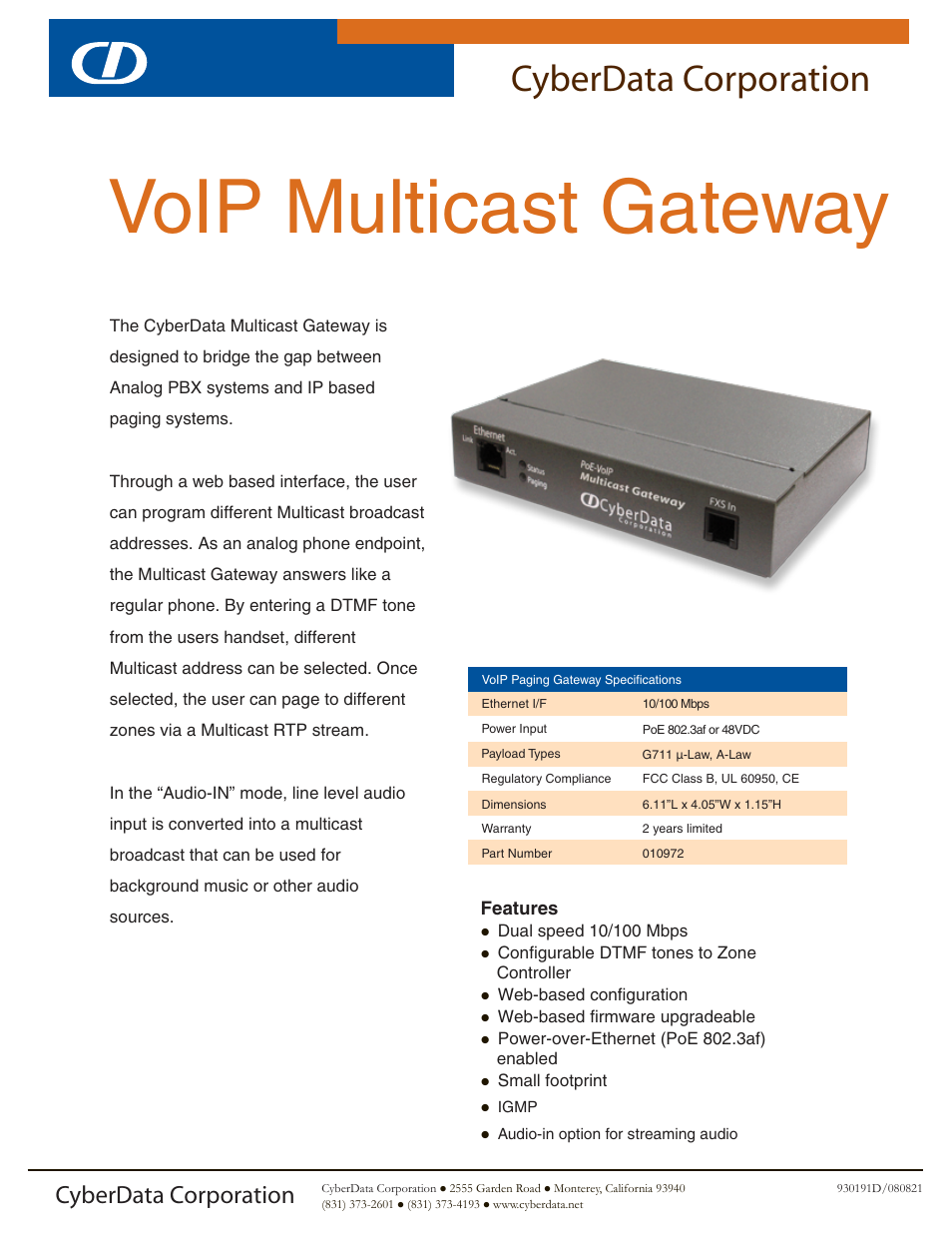 CyberData VoIP Multicast Gateway User Manual | 2 pages