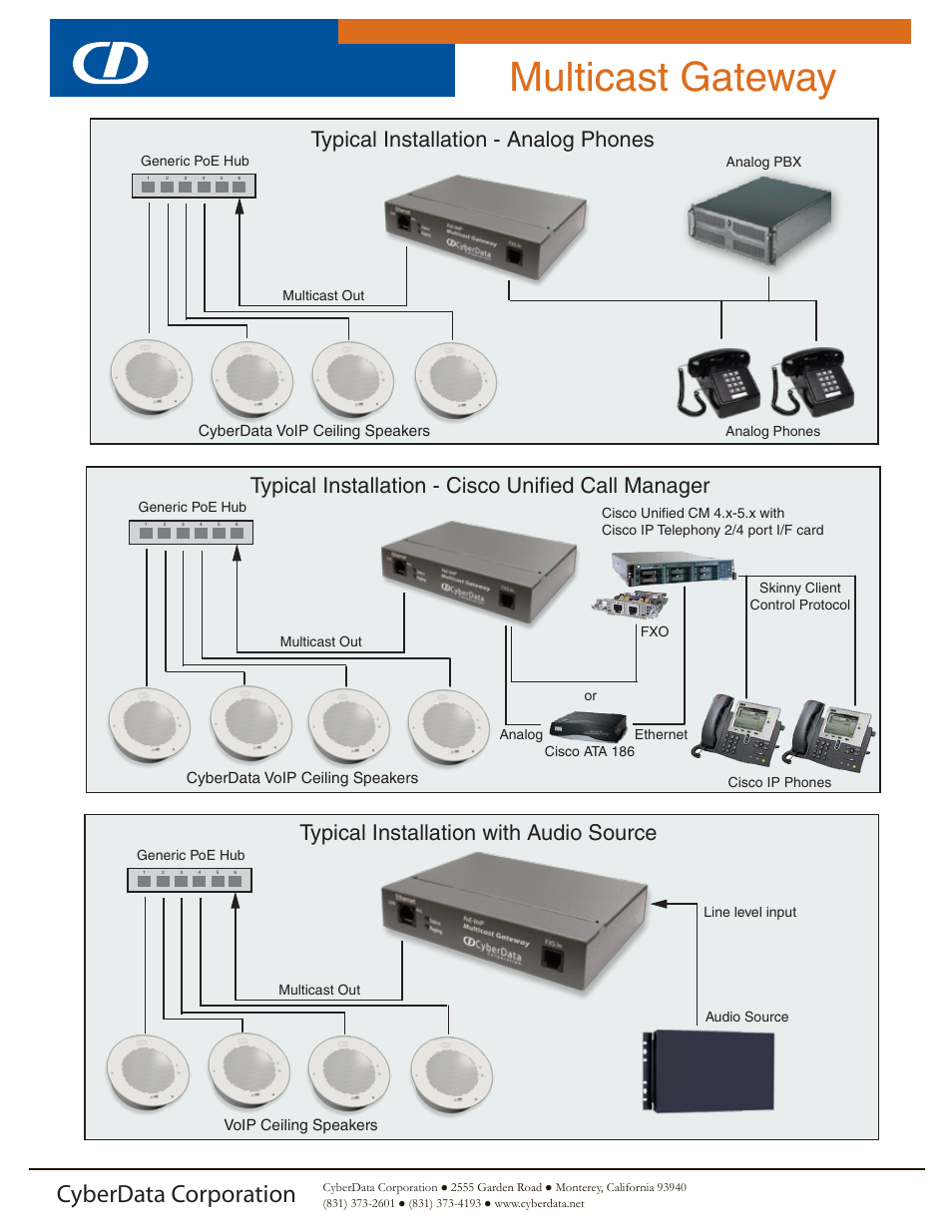 Voip multicast gateway, Multicast gateway, Cyberdata corporation | Typical installation - analog phones, Typical installation - cisco unified call manager, Typical installation with audio source, Features | CyberData VoIP Multicast Gateway User Manual | Page 2 / 2