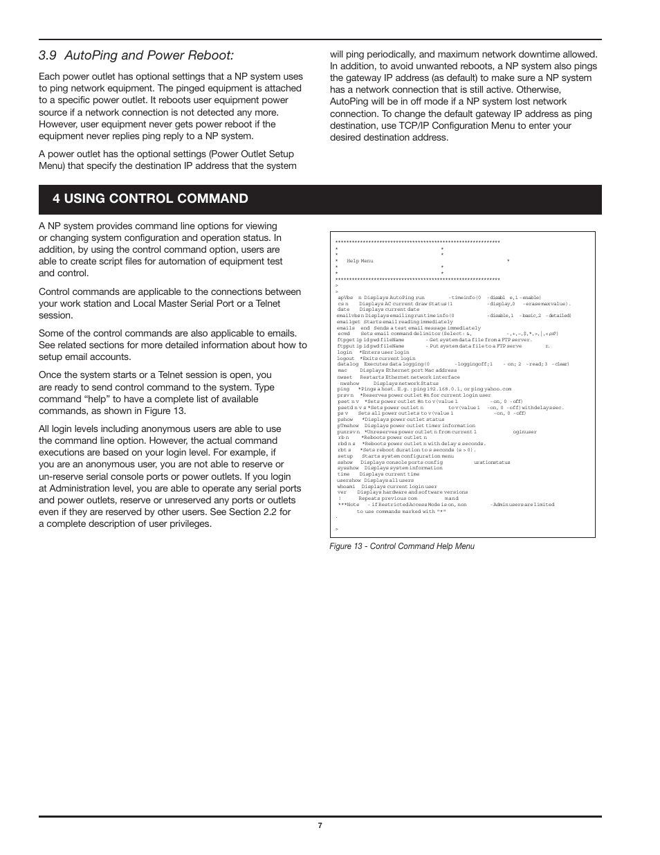 9 autoping and power reboot, 4 using control command, Figure 13 - control command help menu | Legrand SPDU8-1U User Manual User Manual | Page 10 / 21