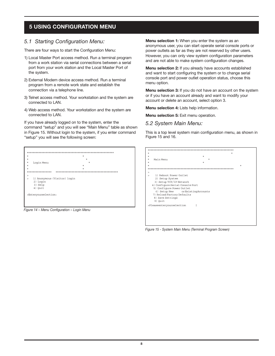 1 starting configuration menu, 2 system main menu, 5 using configuration menu | Legrand SPDU8-1U User Manual User Manual | Page 11 / 21