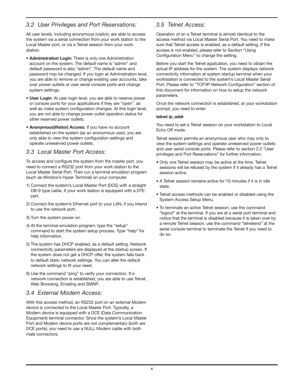 2 user privileges and port reservations, 3 local master port access, 4 external modem access | 5 telnet access | Legrand SPDU8-1U User Manual User Manual | Page 7 / 21