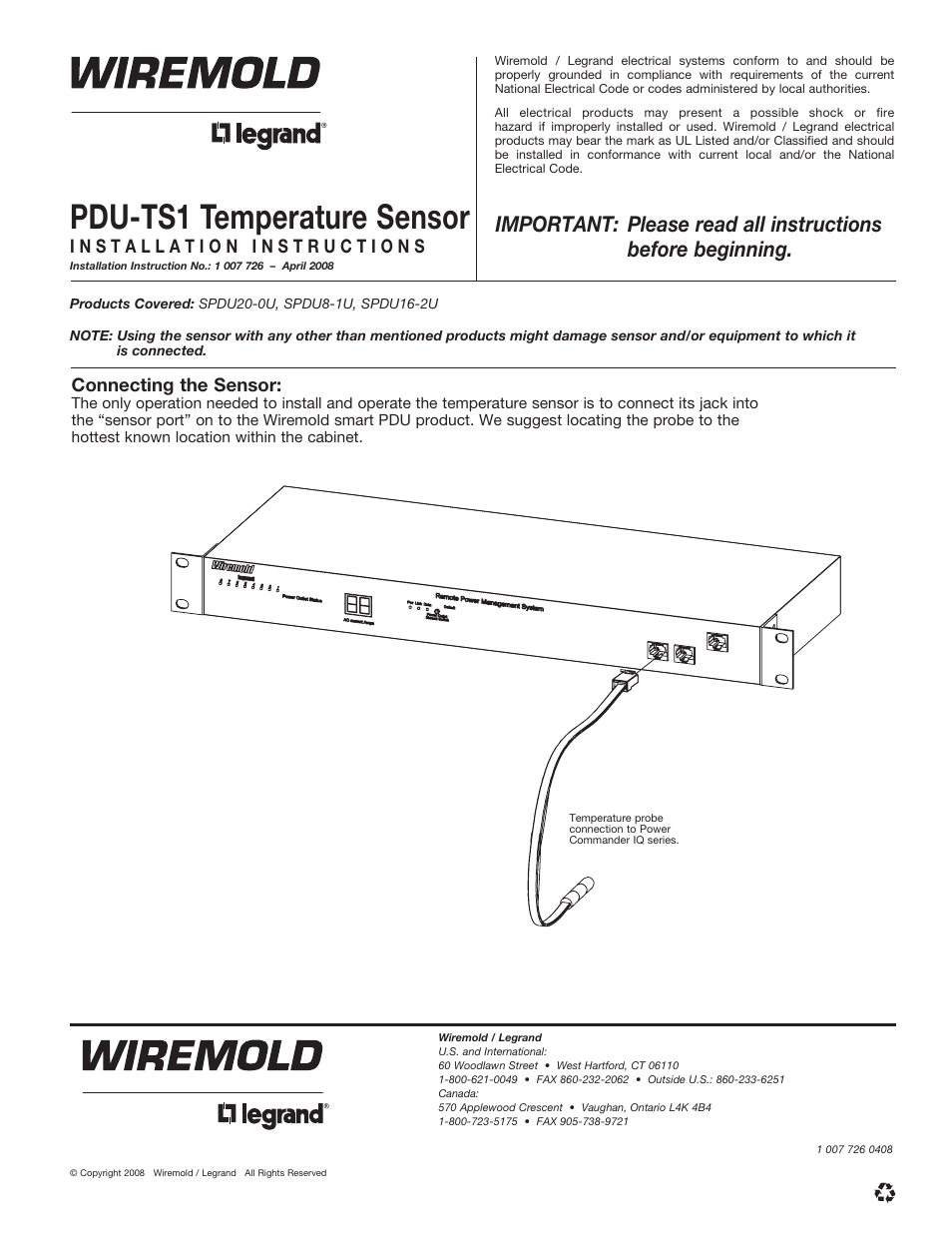 Legrand PCIQ PDU-TS1 Temperature Sensor User Manual | 1 page