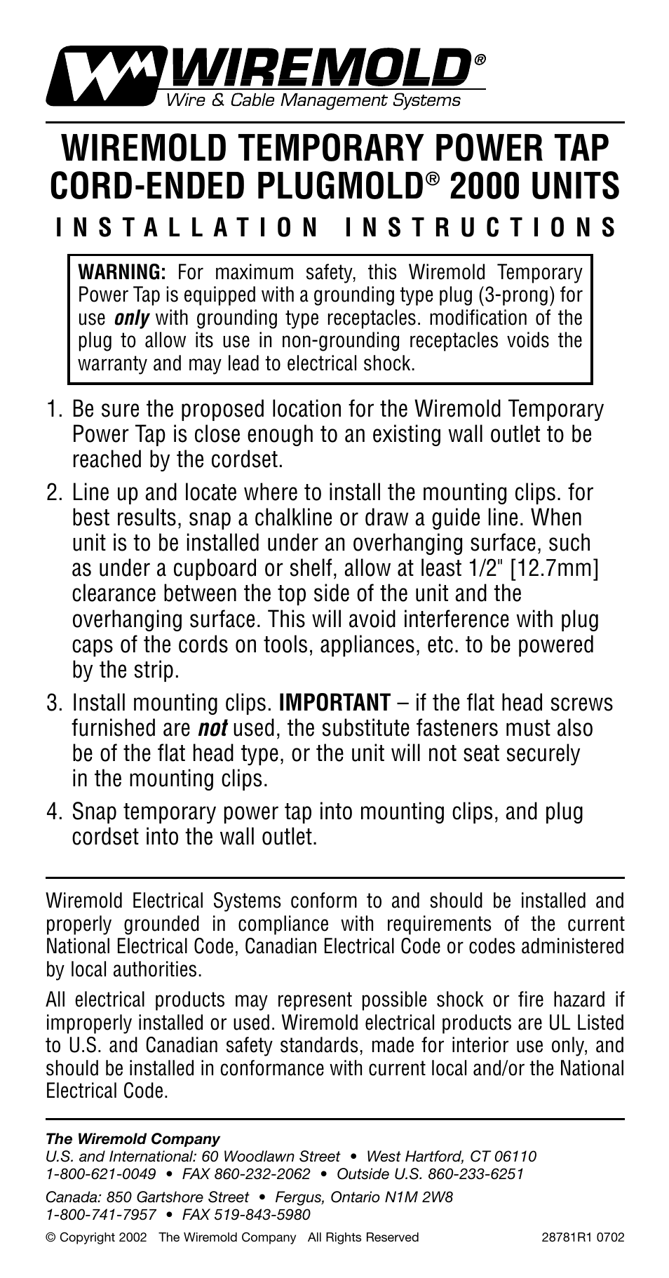 Legrand 2000 Series Plugmold Cord Ended Units User Manual | 1 page