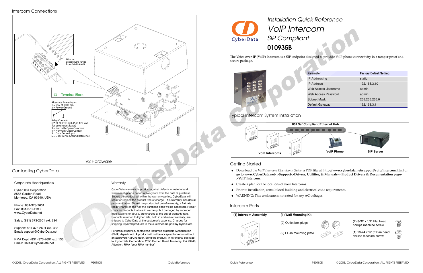 CyberData VoIP Intercom 010935B User Manual | 2 pages